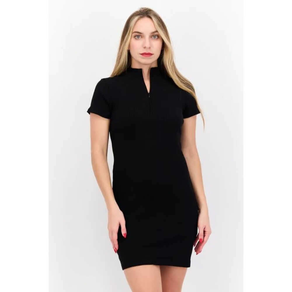 Cotton On Ziggy Zip Neck Mini Dress Black Size S Black Short Sleeve Rib Knit New